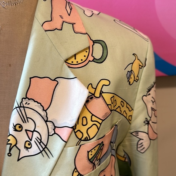 Moschino Couture Cat Dog Baby Cartoon Mint Green Silk Blazer Jacket Vint… - Picture 3 of 16